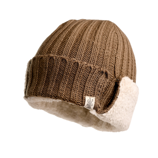 Introducing the Astor Hat: a knitted brown winter hat featuring a folded fuzzy white Sherpa fleece lining and a small side label. Crafted from luxurious Merino wool, this hat has a ribbed texture and offers extra warmth for cold weather.