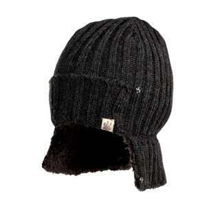 The Astor Hat is a black, knitted winter cap featuring ribbed texture and ear flaps. Its interior is lined with dark brown or black sherpa fleece. Additionally, a small label with the logo is attached near the hat's brim.