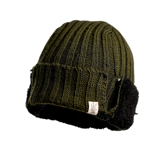 The Astor Hat, an olive green knitted winter beanie with ribbed stitching, is displayed against a black background. It features a fold-over brim adorned with a small white logo tag. The inside lining appears to be black sherpa fleece for added warmth.