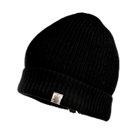 The Hand Knit Bond Hat is a black ribbed knit beanie with a folded brim and a small rectangular white tag sewn onto the brim, featuring a simple graphic design or logo. Reminiscent of a classic hand-knit hat, this beanie is displayed on a plain white background.