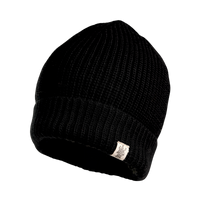 The Hand Knit Bond Hat is a black, ribbed knit beanie made from soft merino wool, featuring a folded brim and a small rectangular fabric tag with the logo sewn onto the front. This merino wool hat is shown against a plain white background.