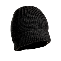 The Hand Knit Bond Hat, crafted in black ribbed merino wool, is displayed on a plain white background. This beanie features a folded brim and showcases the detailed texture of its knit fabric. There are no visible logos or decorations.