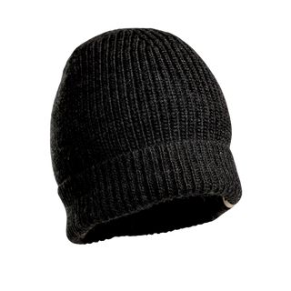 The Bond Hat—a black, knit beanie hat with a ribbed texture—is displayed against a plain white background. Made from Merino Wool, the beanie appears lightweight and suitable for cold weather.