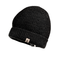 The Hand Knit Bond Hat is a black merino wool beanie with a folded brim and a small white tag featuring a graphic logo on the front, displayed against a plain white background.