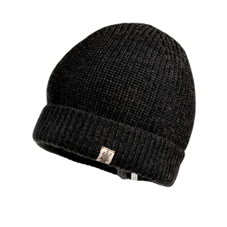 The Bond Hat is a black knitted winter beanie featuring a folded brim and a small beige tag attached to the brim adorned with an illustration or logo. Made from Merino Wool, this hat boasts a simple and classic design.