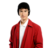 A person wearing the Hand Knit Bond Hat, a white polo shirt, and a red button-up jacket stands against a plain white background, looking directly at the camera with a neutral expression.