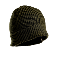The Hand Knit Bond Hat, crafted from dark green merino wool, is displayed against a plain white background. This beanie features a ribbed pattern and a folded brim.