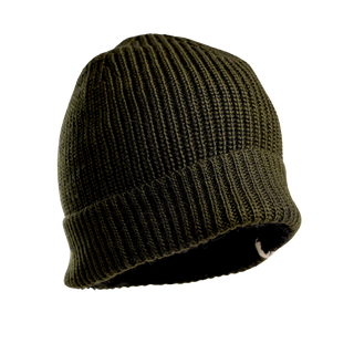 A close-up image of an olive-green, rib-knit Bond Hat made from Merino Wool. The beanie is displayed against a plain black background.