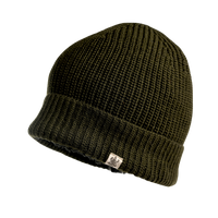 A Hand Knit Bond Hat in dark green, featuring a folded brim and a small white tag with a logo, displayed on a plain white background.