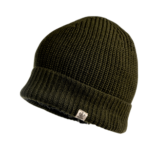 The Bond Hat, a knitted dark green winter accessory, is displayed against a solid black backdrop. Featuring a ribbed fold-over brim and a small sewn label on the front, this hat is crafted from soft and warm Merino Wool.