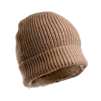 The Hand Knit Bond Hat, featuring a tan ribbed knit design, a folded brim, and a soft sherpa fleece lining, is displayed against a plain white background.