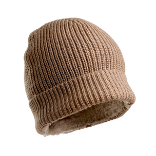 The Bond Hat, a beige ribbed knit winter hat featuring a folded brim and Sherpa Fleece lining, is shown.