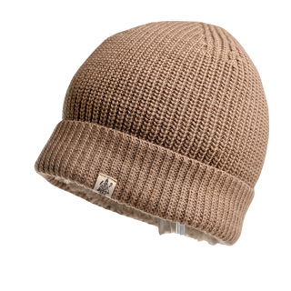 The Bond Hat is a beige knit winter hat featuring a folded brim with a small patch tag. The texture of the knit is visible, and it is photographed against a plain white background.