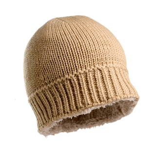 The Cabrini Hat features a beige, knitted design with a ribbed pattern around the base and a soft fleece lining for added warmth. This stylish Winter hat is showcased against a plain white background.