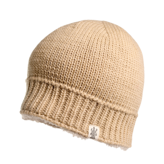 The Cabrini Hat is a beige knit beanie featuring a ribbed hem and a small white label with a logo near the edge. The detailed, uniform stitching highlights the knit texture, and it’s crafted from soft, thick yarn for warmth and comfort—making it an ideal winter accessory.