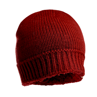 A plain red Cabrini Hat with a ribbed edge is shown against a white background. The hat, featuring a cozy fleece lining, appears to be made of thick yarn, making it an ideal Winter accessory for cold weather.