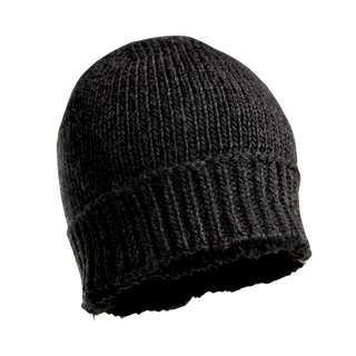 The Cabrini Hat, a black knitted beanie, is showcased against a plain backdrop. It features a ribbed texture at the brim and knit texture throughout. The winter hat boasts a smooth rounded top and thick material that promises warmth and comfort, potentially enhanced by a cozy fleece lining.