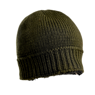 A dark green Cabrini Hat with a ribbed texture is depicted against a plain black background. The winter beanie appears to be made of thick, warm fabric, ideal for cold weather.