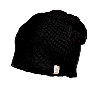 Introducing the Charles Hat: a premium knit, black beanie featuring a small white tag on the side. Displayed against a white background, this winter accessory has a simple and slightly slouchy design perfect for chilly days.