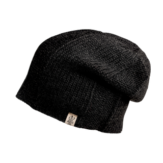 The Charles Hat, a premium knit winter accessory, is a black, knitted beanie with a small beige tag on the bottom edge that showcases an indistinct black design. Featuring a textured pattern, this hat appears soft and warm.