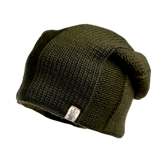 Introducing the Charles Hat: a green knitted winter accessory with a ribbed pattern and a small white label featuring a logo. This premium knit beanie is slightly slouched in style. The image is set against a black background.