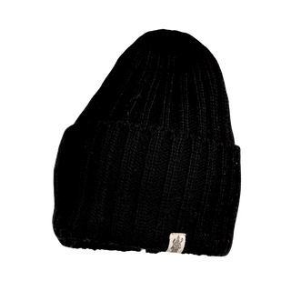 Introducing the Cooper Hat, a stylish outdoor headwear piece. This black knitted beanie features a folded brim and a small white tag with a unique design. Made from premium merino wool, this beanie has a ribbed texture and is displayed against a white background, making it the perfect winter essential hat.