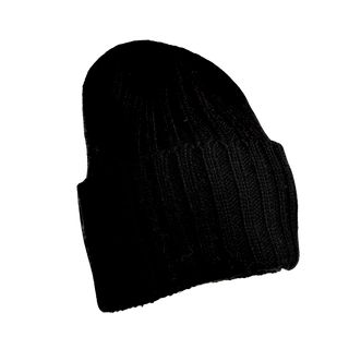 The Cooper Hat, a black knitted beanie with a ribbed texture, is showcased against a plain black background. Made from premium merino wool, this hat features a folded brim and offers a snug fit, making it the perfect winter essential.