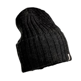 Introducing the Cooper Hat: This sophisticated black, knitted beanie showcases premium merino wool with a distinctive vertical ribbed design. A small, white tag adorns the lower edge, and it is elegantly displayed against a plain black background.