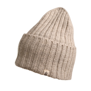 The Cooper Hat is a stylish outdoor headwear piece crafted from premium beige merino wool. Displayed against a plain white background, it features a ribbed texture and boasts a small fabric tag with the logo near the bottom edge. This knitted beanie is your ultimate winter essential hat.