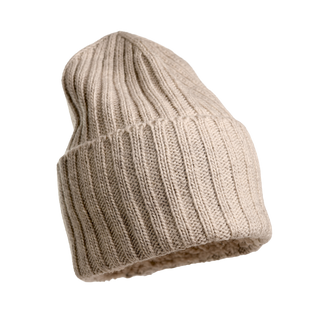 The Cooper Hat, a beige knit beanie with a ribbed texture, is displayed against a plain white background. This stylish outdoor headwear appears to be soft and made of premium merino wool, making it an essential winter hat suitable for cold weather.