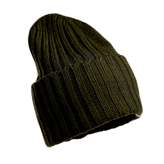 The Cooper Hat, an olive-green knitted beanie made from premium merino wool, is displayed against a black background. Featuring a ribbed texture and a folded brim, it stands out as the perfect winter essential hat.