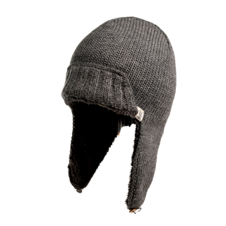 The Essex Hat, a hand-knit winter accessory, features a gray color with a ribbed brim and extended earflaps. It comfortably covers the top of the head and ears, allowing the earflaps to hang loosely on each side. The uniform knit pattern enhances its warm and cozy texture.