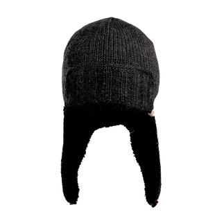 A black Essex Hat, crafted from wool and featuring extended ear flaps, is showcased against a black background. The hat includes a ribbed section around the head that flows into fuzzy-lined flaps covering the ears.