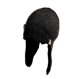 The Essex Hat is a stylish black knitted hat that features a unique design with extended ear flaps on one side and an attached safety pin, highlighting its hand-knit craftsmanship for a thick and cozy appearance.