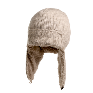 A hand-knit, beige Essex Hat with extended ear flaps lined with fleece. This winter hat features a ribbed pattern with visible fleece on the ear flaps, which are equipped with small straps and snap buttons at the ends. The hat is photographed against a white background.