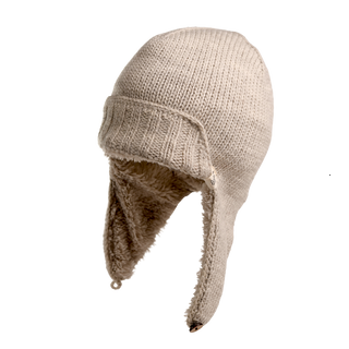 The Essex Hat is a winter essential in beige, crafted with hand-knit materials and featuring a warm, fuzzy lining. Its extended ear flaps can be secured under the chin for optimal cold weather protection.