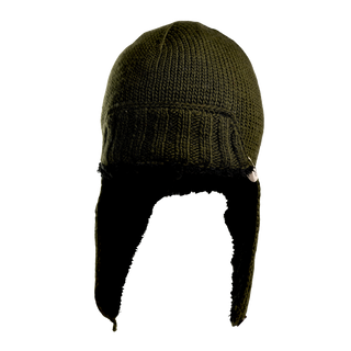 A green Essex Hat, meticulously hand-knit, features extended ear flaps and a front brim. Its thick texture indicates a design optimized for warmth. The ear flaps dangle on either side of the hat.