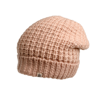 The Franklin Hat is a loose-fitting beanie knitted from 100% wool, featuring a textured pattern and a rolled-up brim. It comes in a pink color with a small fabric tag on the side, and is photographed against a plain white background, making it an ideal addition to your winter wardrobe.