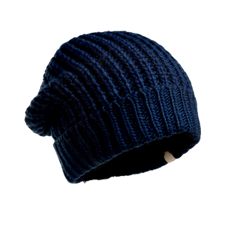 The Franklin Hat is a navy blue knit beanie with a ribbed texture on both the body and cuff, made from 100% wool. This hat appears to be soft and warm, making it ideal for your winter wardrobe. A small beige tag is stitched into the bottom edge, set against an isolated black background.