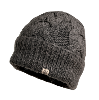 The Lenox Hat, a gray knitted beanie, boasts a cable knit pattern covering the top and sides. Crafted from premium wool, it includes a folded ribbed brim with a small fabric tag that displays an emblem. This cozy comfort beanie is designed to be warm and suitable for cold weather.