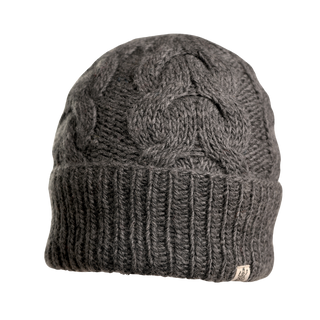 A close-up of the Lenox Hat, a dark gray cable-knit beanie crafted from premium wool. This stylish hat features an intricate woven pattern and a ribbed fold-over brim, providing cozy comfort and making it ideal for cold weather.