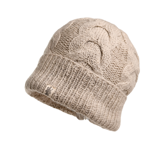 The Lenox Hat is a beige beanie made from premium wool, featuring a cable-knit design for added texture. It includes a folded brim and a small branded tag on the front, ensuring both style and comfort. Crafted from thick yarn, the hat's interwoven cable pattern provides a cozy appeal, and it is showcased against a plain white background.