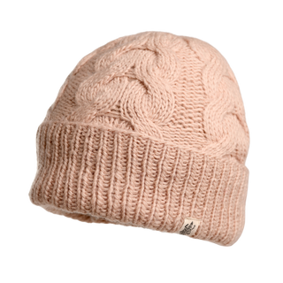 A close-up of a pink Lenox Hat showcases its ribbed folded brim and intricate cable knit pattern. Made from premium wool, this knitted beanie ensures cozy comfort and features a small white tag with the logo near the bottom edge.