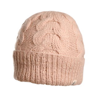 The Lenox Hat is a knitted pink beanie crafted from premium wool, highlighted by a textured cable pattern and designed with a folded brim for added cozy comfort.