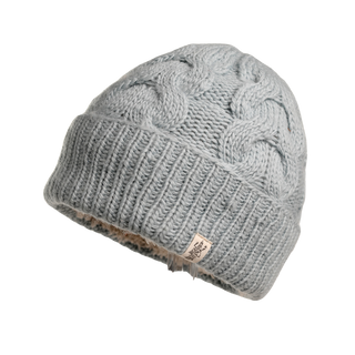 A light gray Lenox Hat, featuring a thick-knit design with a turn-up brim and cable-knit pattern. Crafted from premium wool for ultimate cozy comfort, the beanie includes a small woven label with an emblem sewn onto the front.