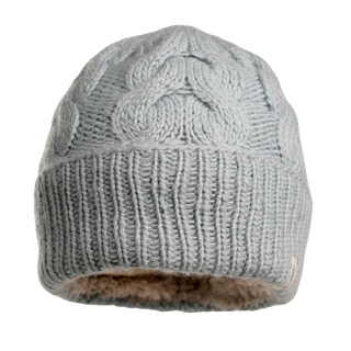 Introducing the Lenox Hat, a light gray knitted beanie made from high-quality wool. The timeless cable knit design combined with a folded brim and soft inner lining provides exceptional comfort and warmth. Displayed against a plain white background, this hat is an ideal blend of style and coziness.