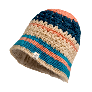 The Stripe Sun Hat is a multicolored, hand-knit merino wool hat made in Nepal. It features bands of beige, coral, dark blue, and turquoise yarn against a black background and has a label on the brim.