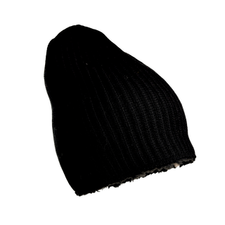 The Tudor Hat, a black knitted beanie crafted from merino wool, features a ribbed texture and is displayed against a plain black background. Its edge is slightly rolled, highlighting its simple yet snug design—a perfect winter accessory.