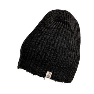 The Tudor Hat is shown against a black background. This black knit beanie, crafted from cozy merino wool, features a vertically ribbed pattern and includes a small beige tag near the bottom edge. The edge of the Tudor Hat appears slightly frayed.