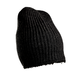 The Tudor Hat, a black, ribbed knit beanie made of merino wool with a slightly rough texture, is shown against a black background. This winter accessory features a simple, slightly conical shape with no additional embellishments.